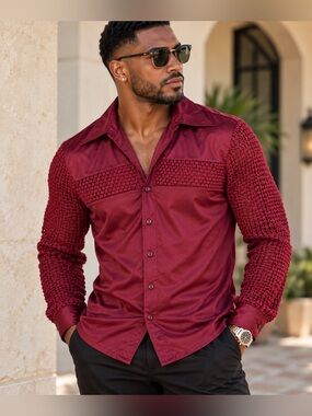 Vintage OTTO Men’s M Burgundy Textured Knit Long Sleeve Button Up Shirt